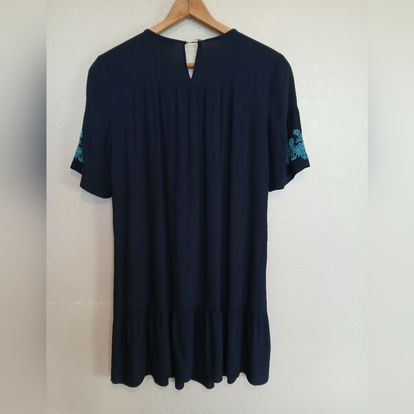 LOFT Navy Blue & Teal Embroidered Floral Drop Waist Dress Size Small - Picture 7 of 8